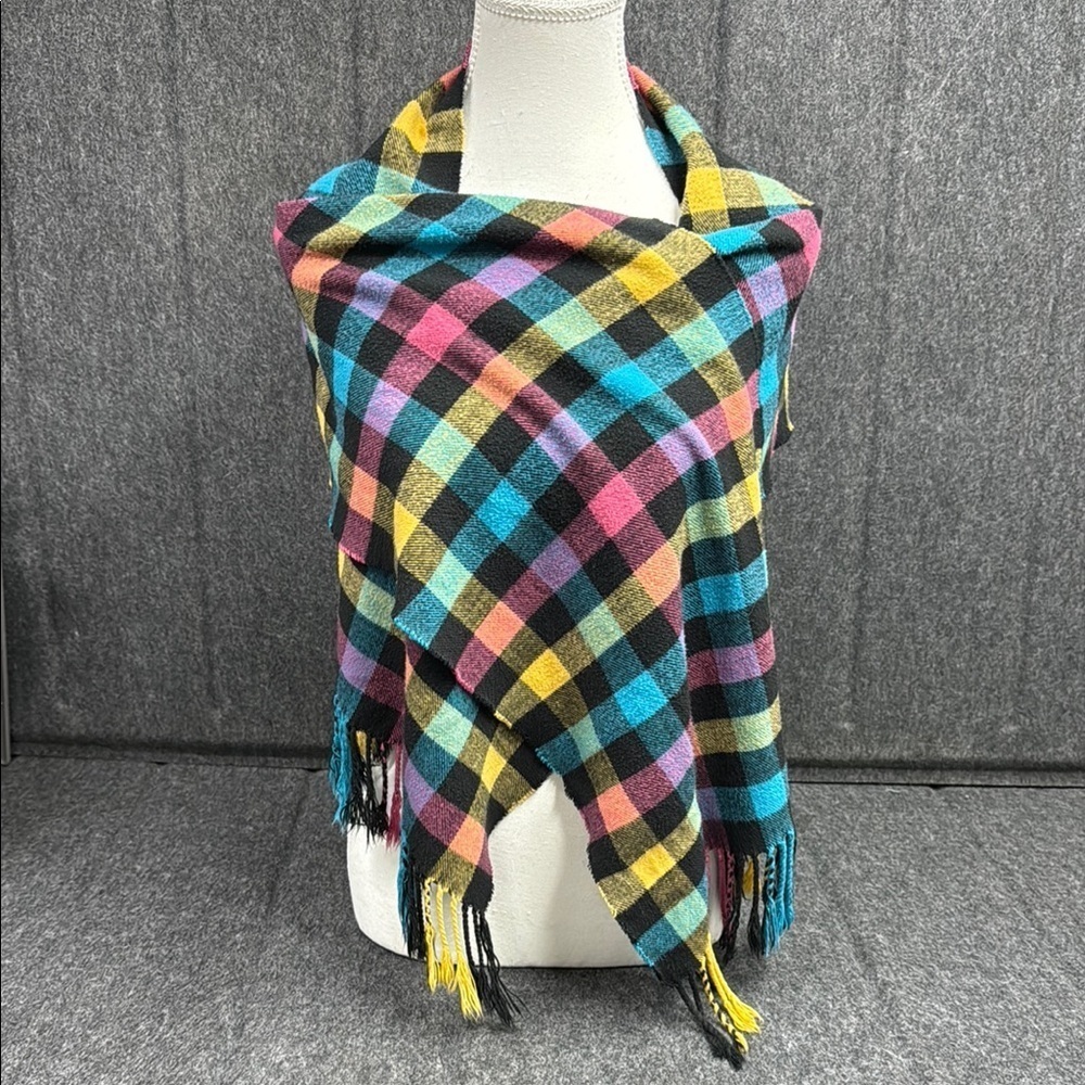 Cashmere Feel Colorful Plaid Fringe Scarf
